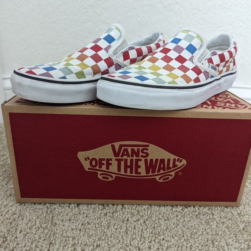 Van's Classic Slip-On Checkerboard/Rainbow (Size Women 7.0 / Men 5.5)